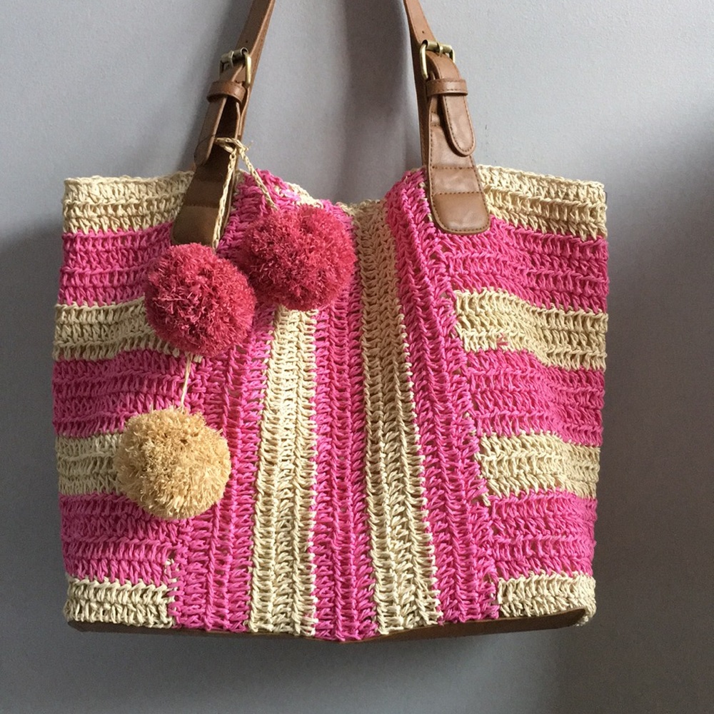 Sonoma Straw Pom-Pom Hobo Bag Pink New - Picture 6 of 7